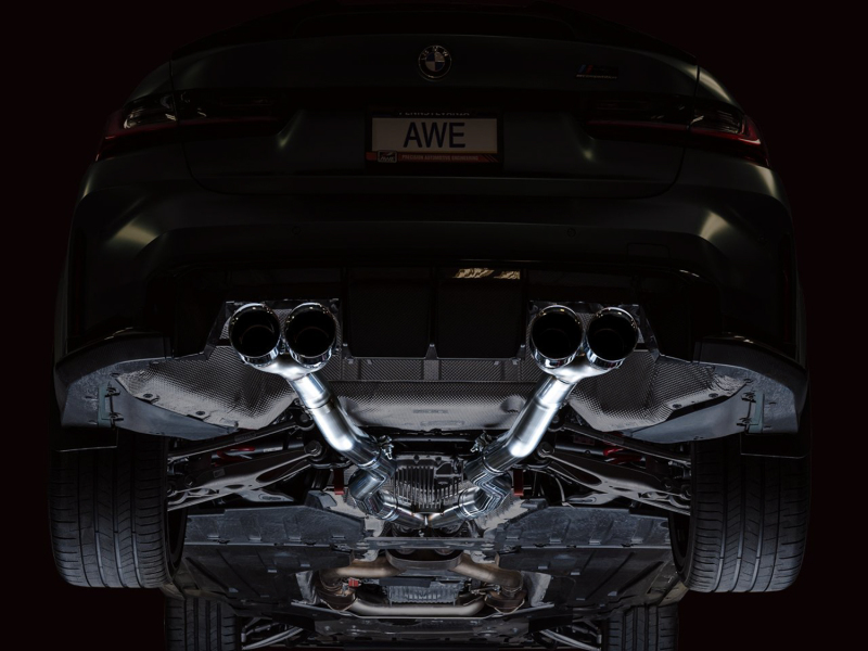 BMW M3 Performance Exhaust - AWE Tuning - Track Edition Cat-Back, Chrome Silver Quad 4.5 in Double-Walled Slash-Cut Tips - Chrome Silver - `21-`27